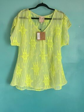 Sheer Neon Yellow Embroidered Swim Coverup by